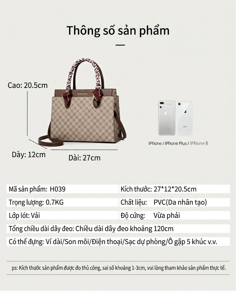 Túi Xách Tay Nữ Họa Tiết Chữ Lớn, Túi Đeo Vai Nữ Công Sở Sức Chứa Lớn Màu Nâu, Kem chi tiết 17