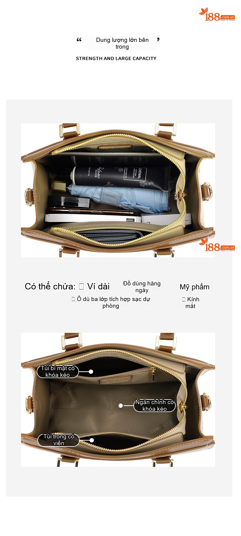 Túi Xách Tay Nữ Họa Tiết Chữ Lớn, Túi Đeo Vai Nữ Công Sở Sức Chứa Lớn Màu Nâu, Kem chi tiết 4