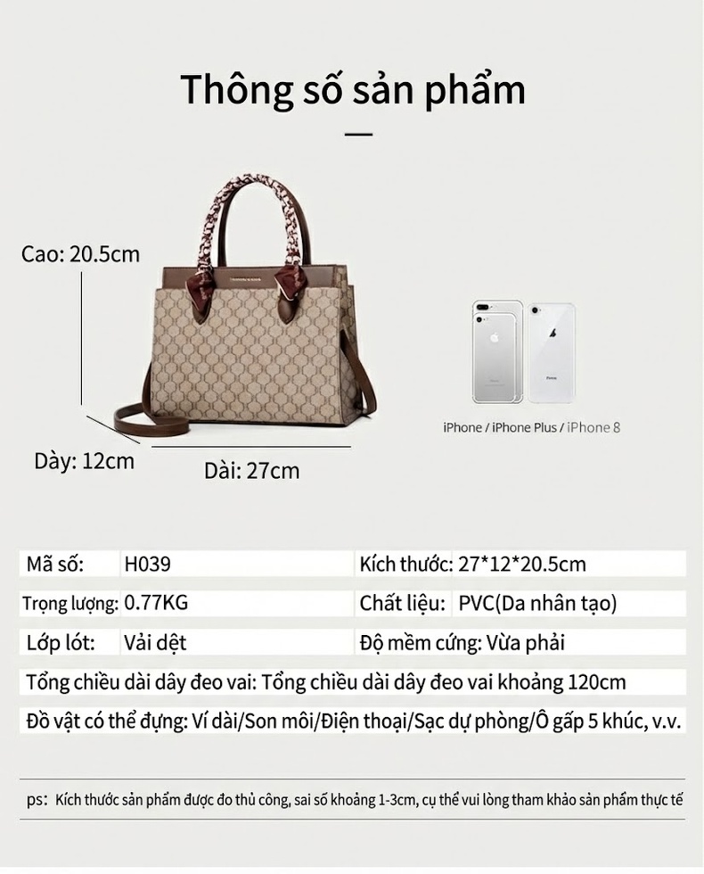 Túi Xách Tay Nữ Họa Tiết Chữ Lớn, Túi Đeo Vai Nữ Công Sở Sức Chứa Lớn Màu Nâu, Kem chi tiết 3