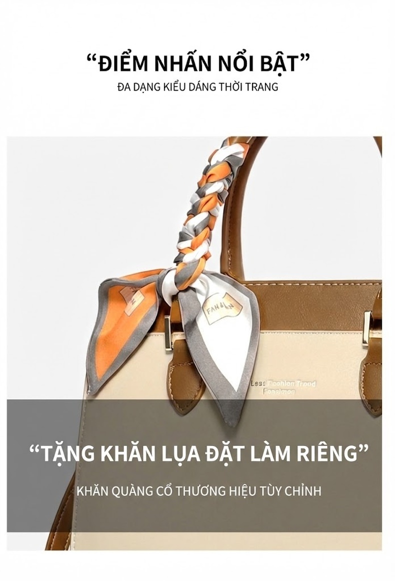 Túi Xách Tay Nữ Họa Tiết Chữ Lớn, Túi Đeo Vai Nữ Công Sở Sức Chứa Lớn Màu Nâu, Kem chi tiết 6