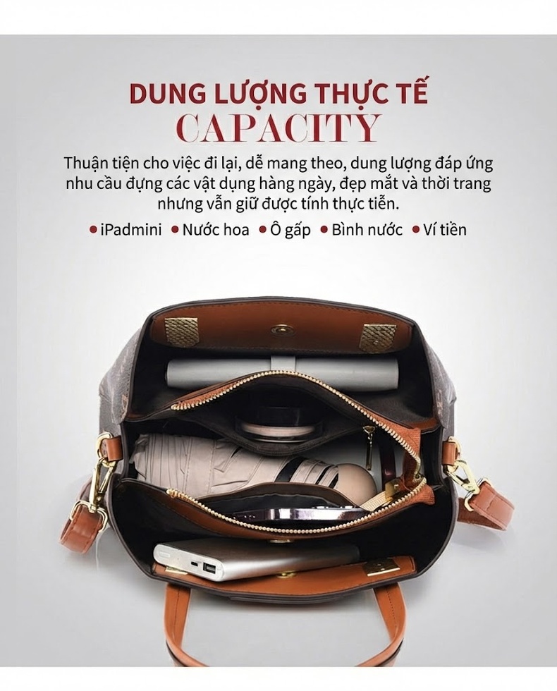 Túi Xách Tay Nữ Họa Tiết Chữ Phong Cách Âu Mỹ Cổ Điển Sức Chứa Lớn Màu Nâu chi tiết 10