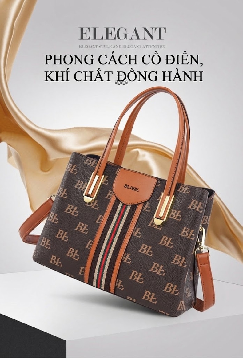 Túi Xách Tay Nữ Họa Tiết Chữ Phong Cách Âu Mỹ Cổ Điển Sức Chứa Lớn Màu Nâu chi tiết 1
