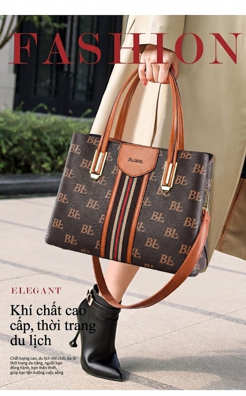 Túi Xách Tay Nữ Họa Tiết Chữ Phong Cách Âu Mỹ Cổ Điển Sức Chứa Lớn Màu Nâu chi tiết 3