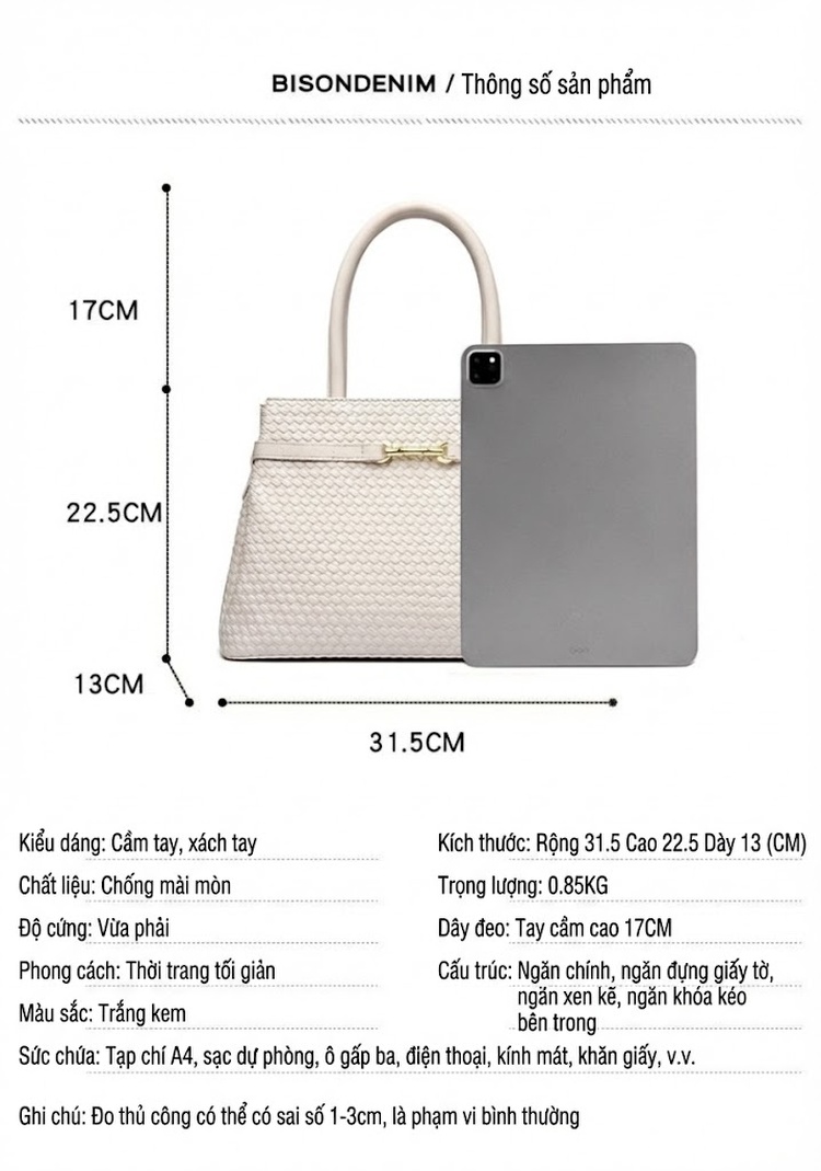 Túi Xách Tay Nữ Họa Tiết Đan Lát Công Sở Đựng Laptop Màu Đen, Trắng chi tiết 4