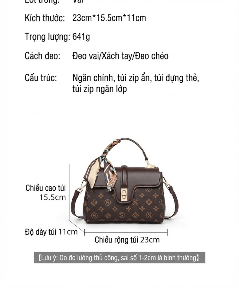 Túi Xách Tay Nữ Họa Tiết Quai Đeo Chéo Phong Cách Sang Trọng Màu Nâu chi tiết 9