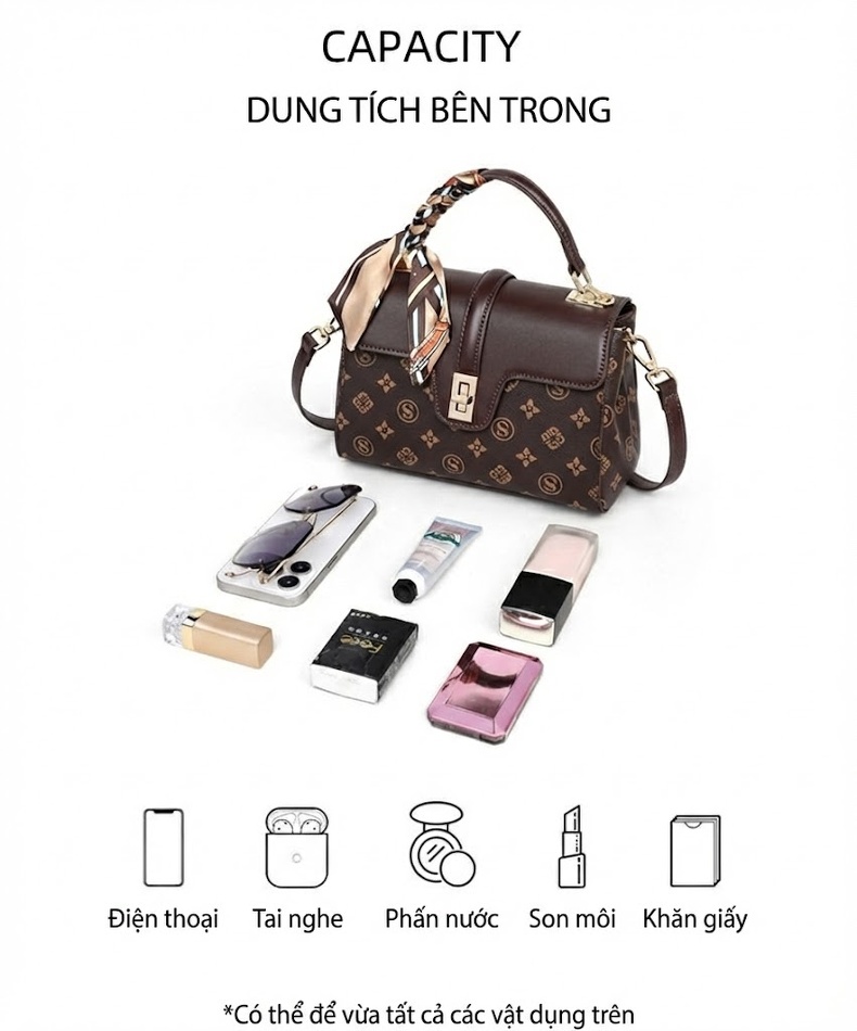 Túi Xách Tay Nữ Họa Tiết Quai Đeo Chéo Phong Cách Sang Trọng Màu Nâu chi tiết 10