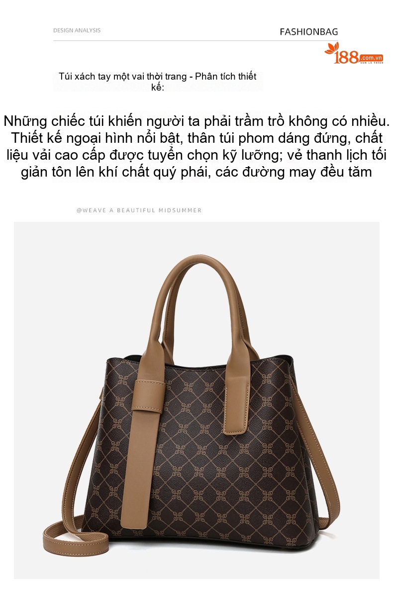 Túi Xách Tay Nữ Họa Tiết Vintage Túi Đeo Chéo Nữ Thời Trang Công Sở Sức Chứa Lớn Màu Nâu, Kem chi tiết 5