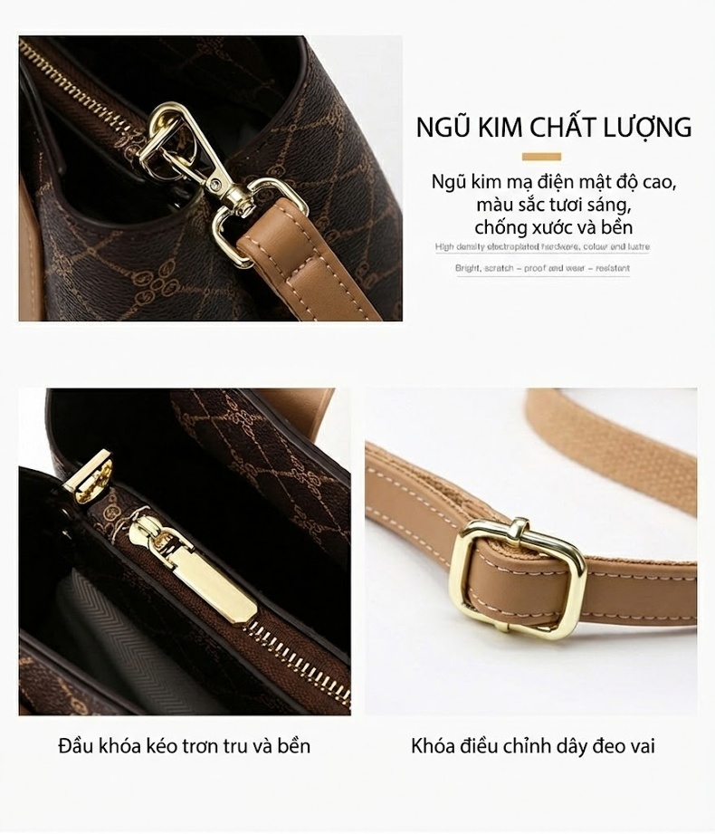 Túi Xách Tay Nữ Họa Tiết Vintage Túi Đeo Chéo Nữ Thời Trang Công Sở Sức Chứa Lớn Màu Nâu, Kem chi tiết 10