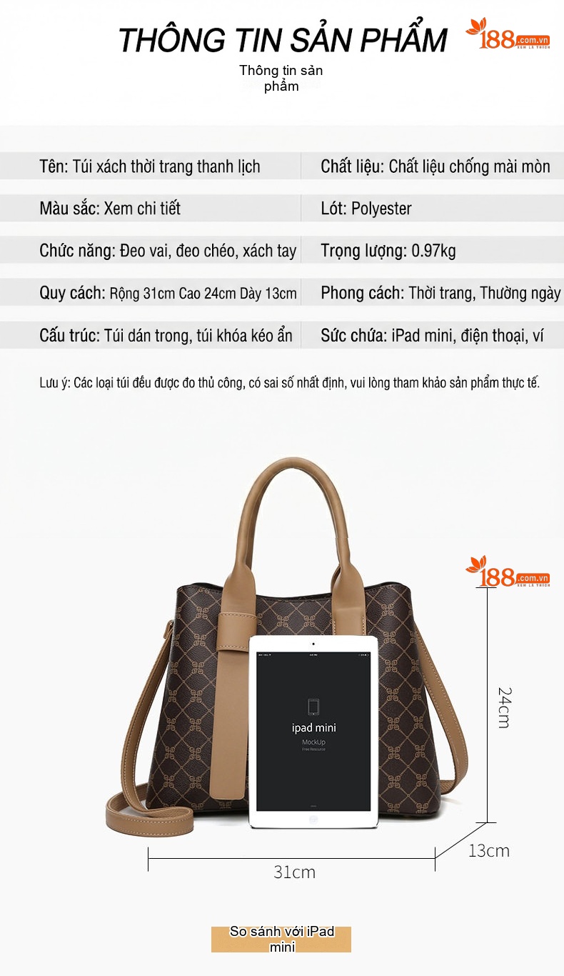 Túi Xách Tay Nữ Họa Tiết Vintage Túi Đeo Chéo Nữ Thời Trang Công Sở Sức Chứa Lớn Màu Nâu, Kem chi tiết 4