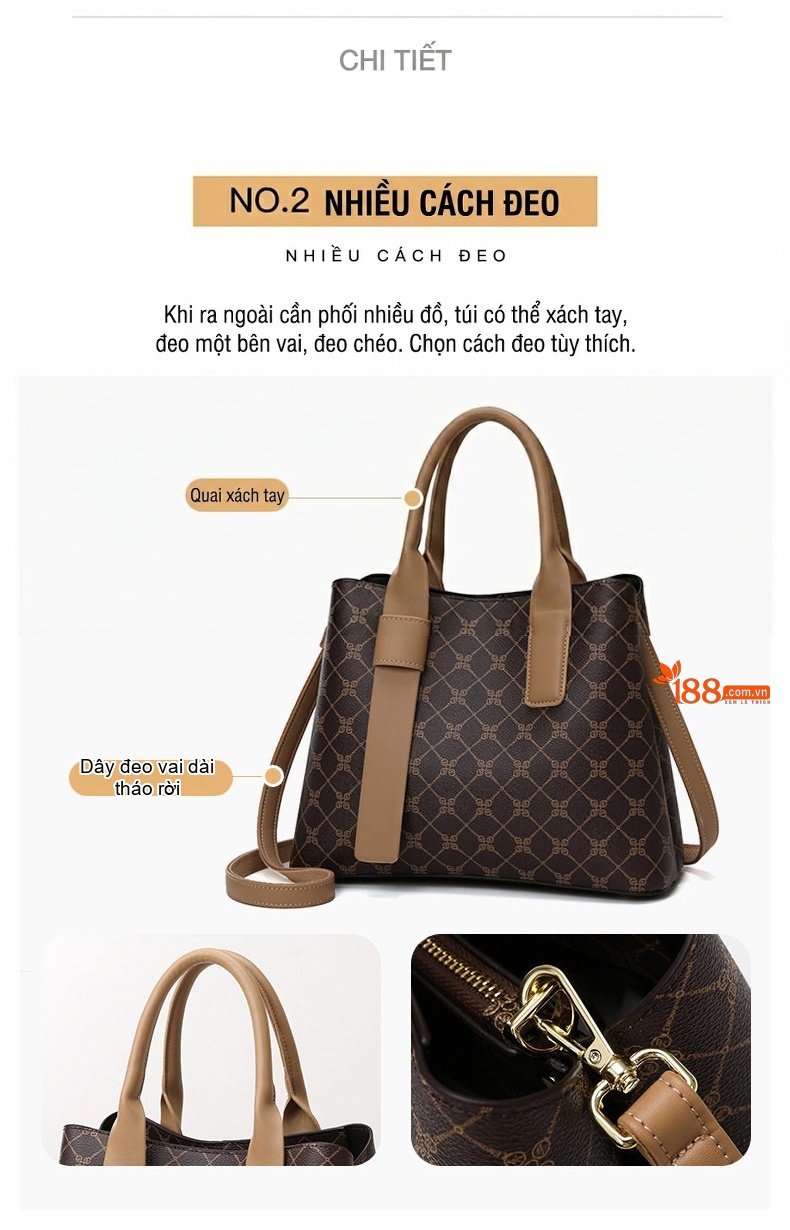 Túi Xách Tay Nữ Họa Tiết Vintage Túi Đeo Chéo Nữ Thời Trang Công Sở Sức Chứa Lớn Màu Nâu, Kem chi tiết 7