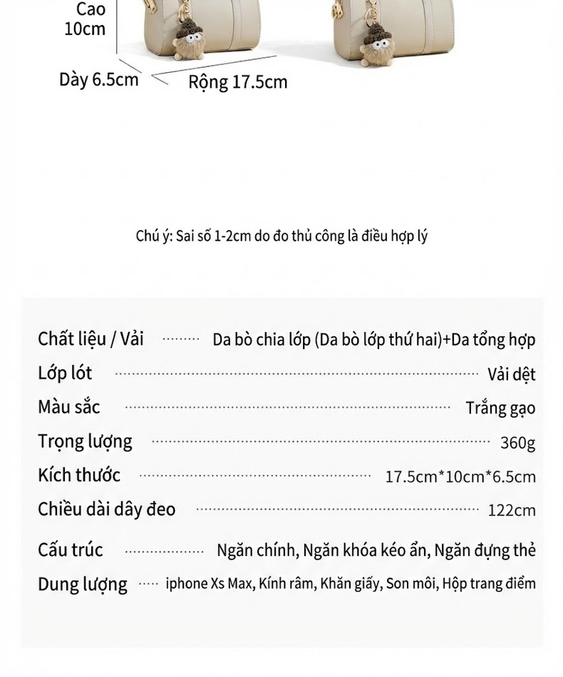 Túi Xách Tay Nữ Kiểu Dáng Trụ Cặp Nách Đeo Chéo Thời Trang Màu Kem chi tiết 11