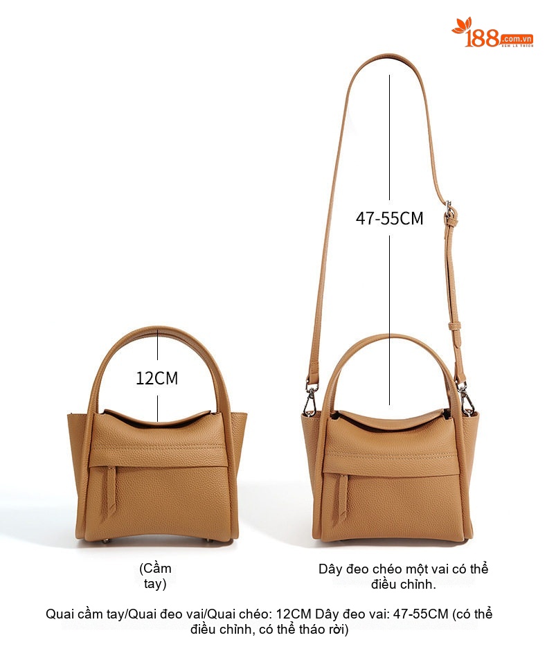Túi Xách Tay Nữ Mini Da Bò Nguyên Tấm Quai Xách Và Dây Đeo Chéo Màu Trắng, Nâu, Đen chi tiết 6