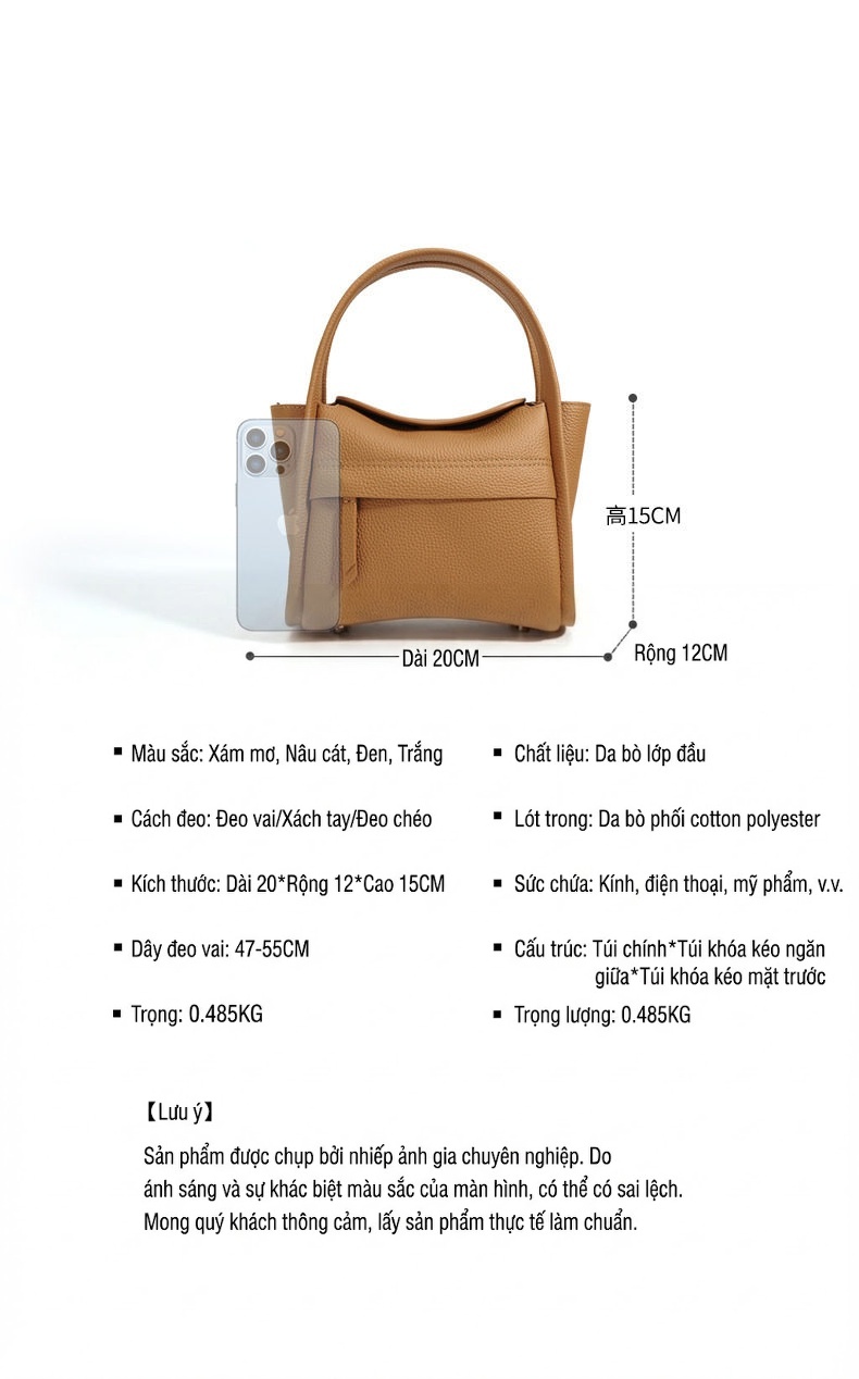Túi Xách Tay Nữ Mini Da Bò Nguyên Tấm Quai Xách Và Dây Đeo Chéo Màu Trắng, Nâu, Đen chi tiết 4