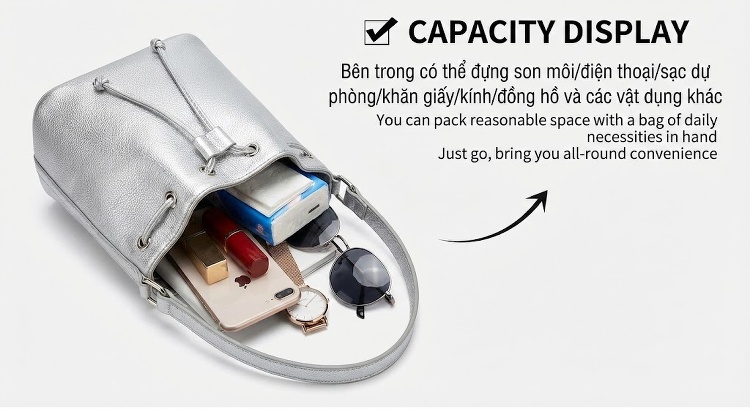 Túi Xách Tay Nữ Mini Dáng Bucket Phong Cách Cổ Điển Màu Bạc, Xanh, Đen, Hồng... chi tiết 4