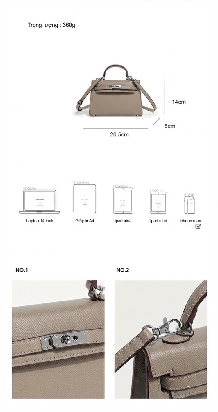 Túi Xách Tay Nữ Mini Kelly Vân Tay Da PU Đeo Vai Màu Trắng, Vàng, Nâu, Đen... chi tiết 4