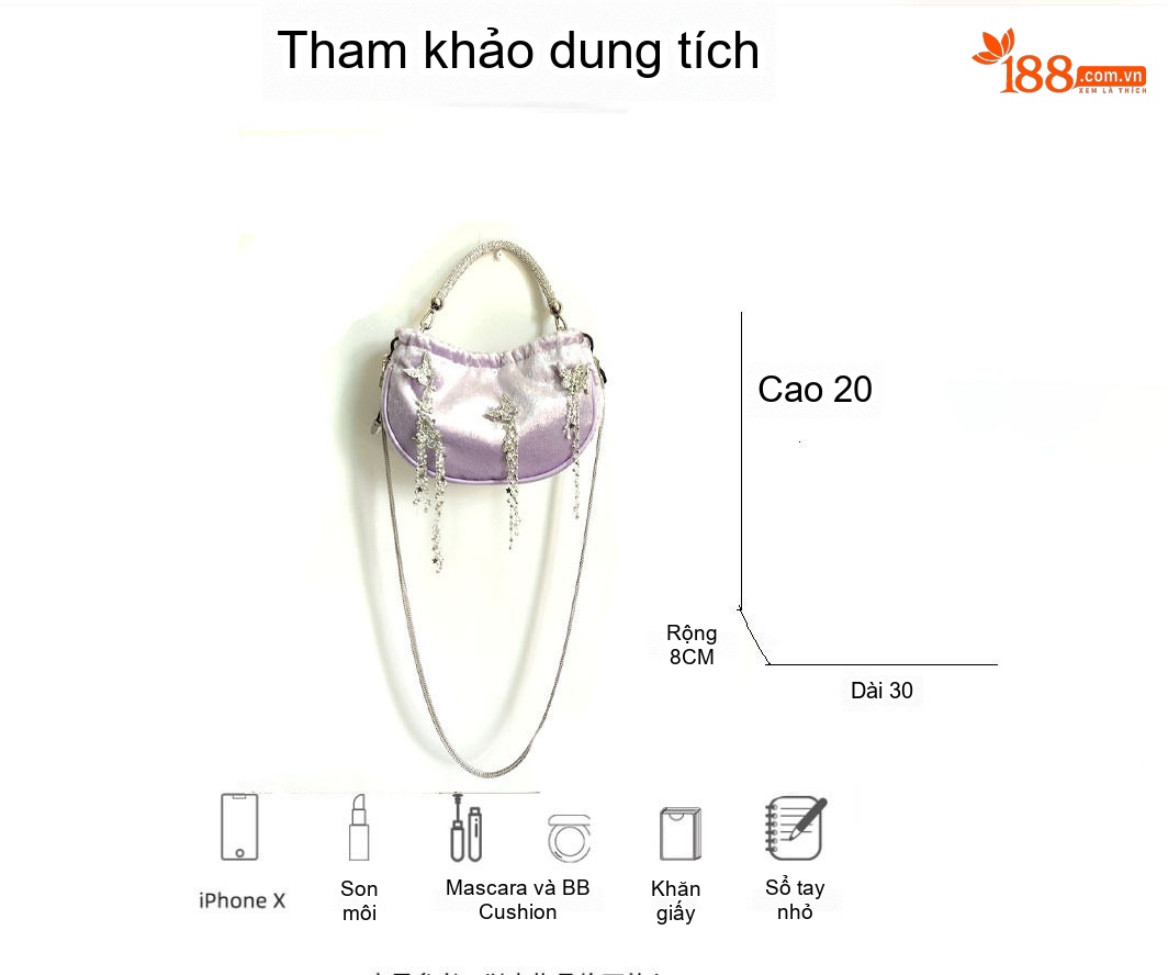 Túi Xách Tay Nữ Nỉ Đính Đá Hình Bướm Tua Rua Lấp Lánh chi tiết 15