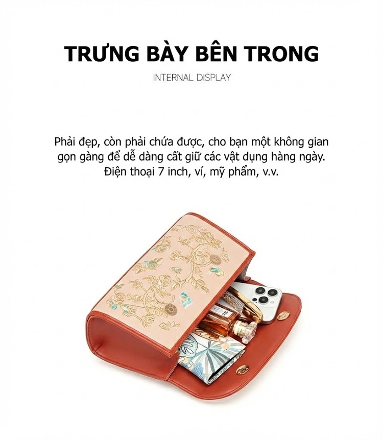 Túi Xách Tay Nữ Thêu Hoa Hồng Phong Cách Trung Hoa Cổ Điển Quai Tre Lớn Màu Kem chi tiết 6