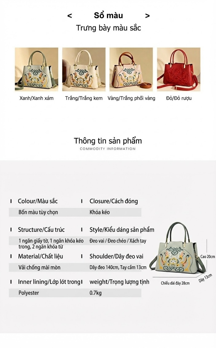 Túi Xách Tay Nữ Thêu Họa Tiết Phong Cách Cổ Điển, Sang Trọng, Quai Xách và Dây Đeo Màu Đỏ, Kem, Xanh... chi tiết 3