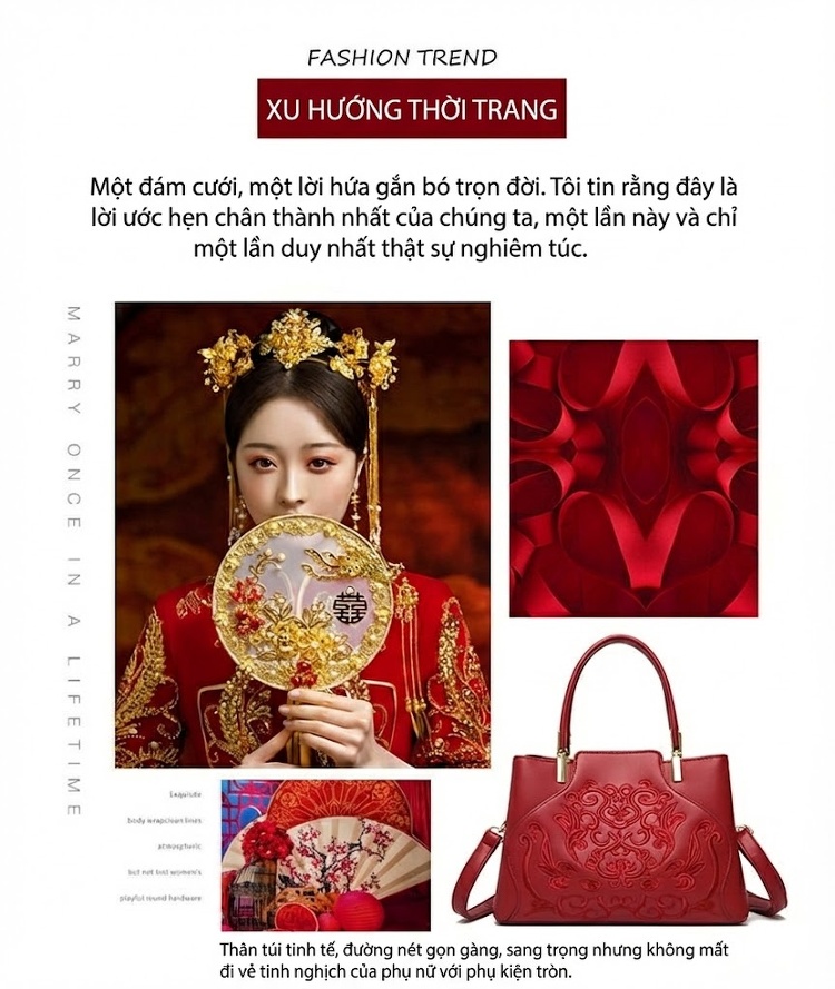 Túi Xách Tay Nữ Thêu Họa Tiết Phong Cách Cổ Điển, Sang Trọng, Quai Xách và Dây Đeo Màu Đỏ, Kem, Xanh... chi tiết 5