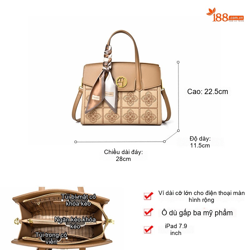Túi Xách Tay Nữ Thêu Hoa Văn Thời Trang Màu Be