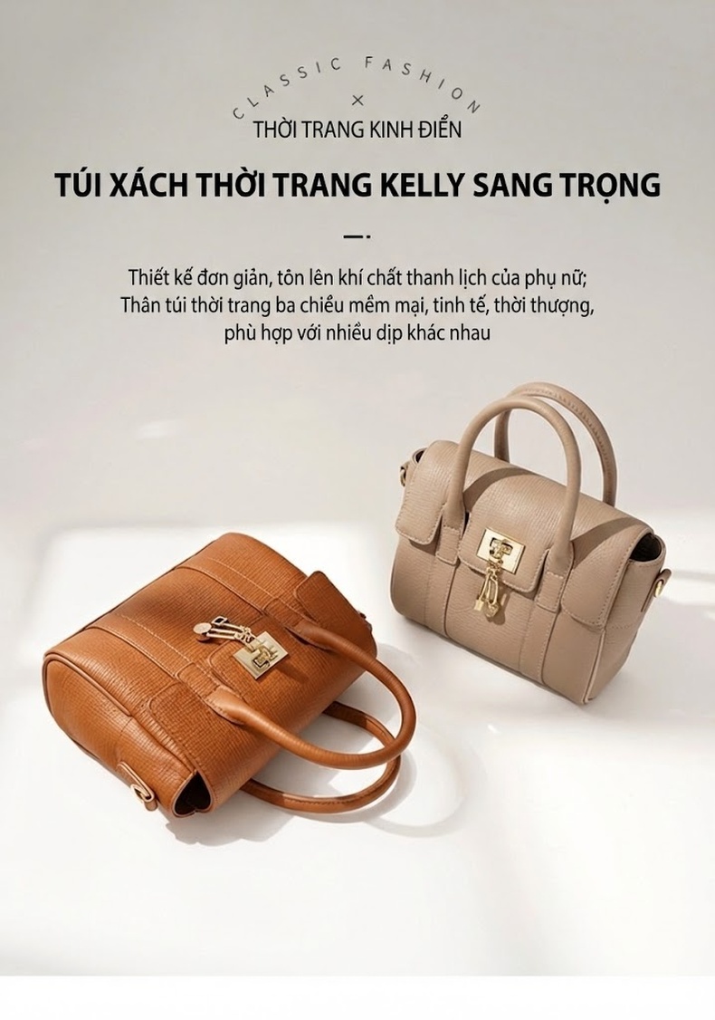 Túi Xách Tay Nữ Thiết Kế Độc Đáo Phong Cách Thời Trang Công Sở Cao Cấp Màu Nâu, Kem chi tiết 2