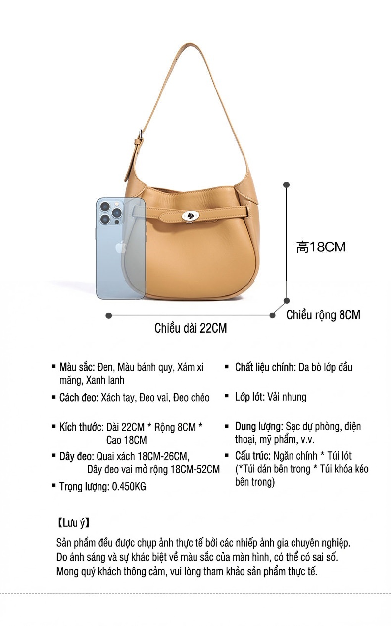 Túi Xách Tay Nữ Thiết Kế Tối Giản Da Bóng Quai Đeo Vai Màu Be, Xám chi tiết 8