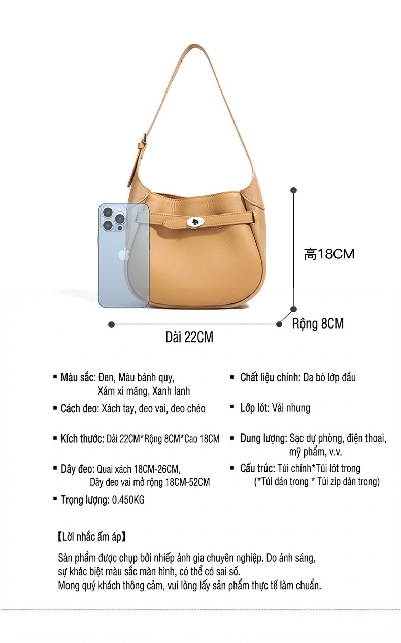 Túi Xách Tay Nữ Thiết Kế Tối Giản Da Bóng Quai Đeo Vai Màu Be, Xám chi tiết 27