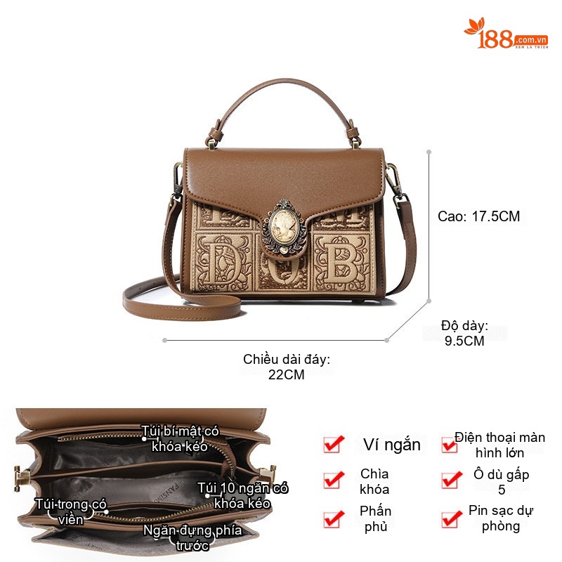 Túi Xách Tay Nữ Thời Trang Vintage Đeo Chéo Một Bên Vai Màu Nâu