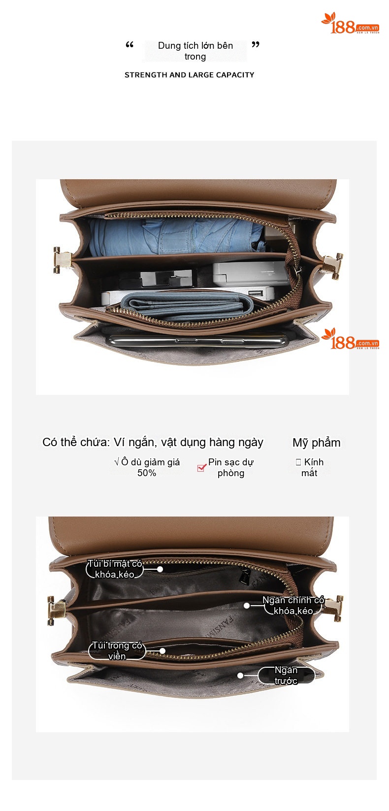 Túi Xách Tay Nữ Thời Trang Vintage Đeo Chéo Một Bên Vai Màu Nâu chi tiết 3