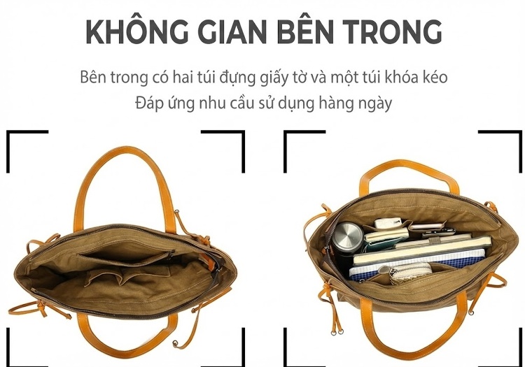 Túi Xách Tay Nữ Vải Canvas Chống Nước Da Thật Túi Đeo Chéo Một Bên Vai Màu Nâu, Xám, Đen, Trắng... chi tiết 15