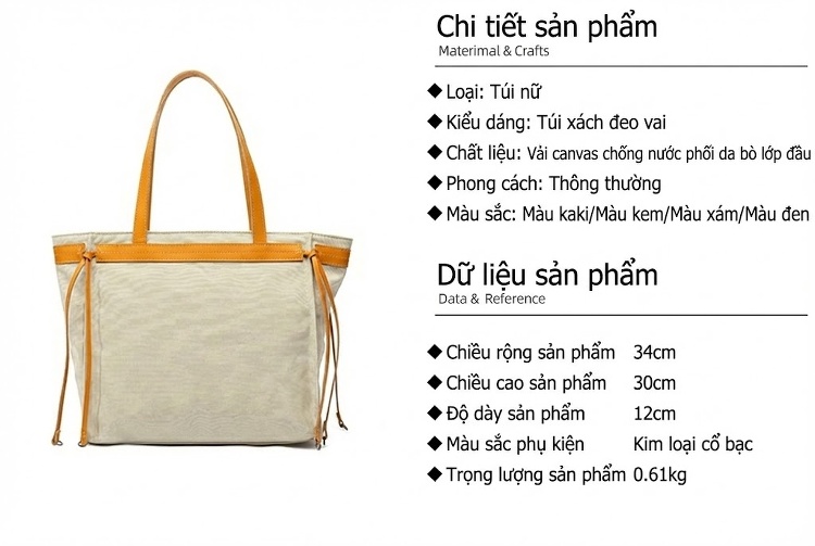Túi Xách Tay Nữ Vải Canvas Chống Nước Da Thật Túi Đeo Chéo Một Bên Vai Màu Nâu, Xám, Đen, Trắng... chi tiết 3