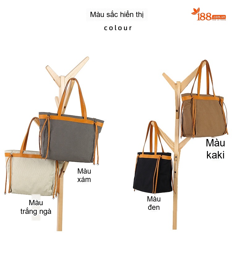 Túi Xách Tay Nữ Vải Canvas Chống Nước Da Thật Túi Đeo Chéo Một Bên Vai Màu Nâu, Xám, Đen, Trắng... chi tiết 6