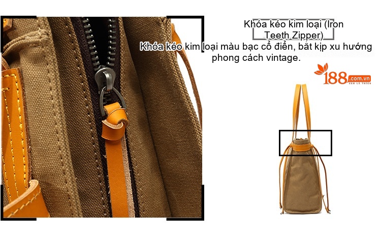 Túi Xách Tay Nữ Vải Canvas Chống Nước Da Thật Túi Đeo Chéo Một Bên Vai Màu Nâu, Xám, Đen, Trắng... chi tiết 13
