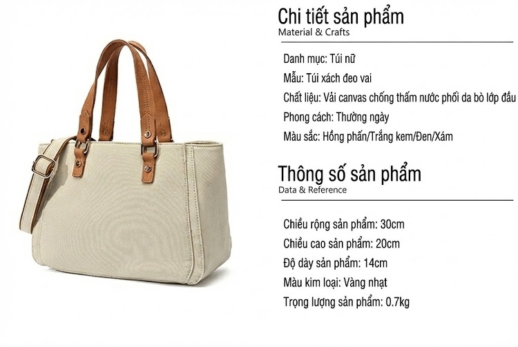 Túi Xách Tay Nữ Vải Canvas Da Thật Túi Đeo Chéo Màu Nâu, Trắng, Đen, Xám... chi tiết 3