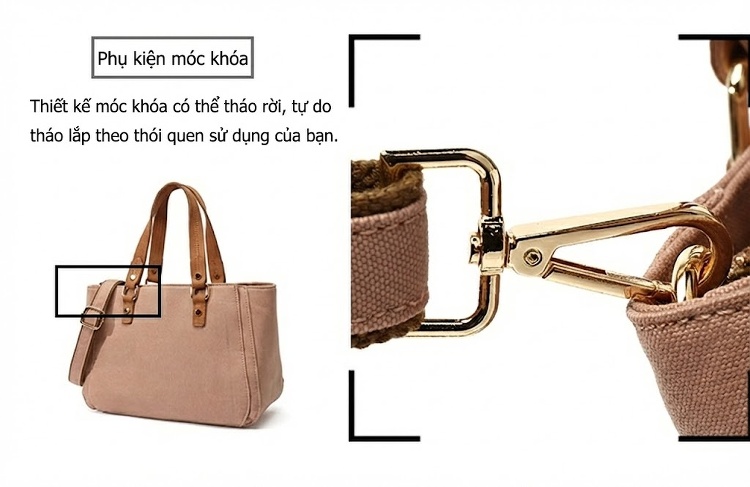 Túi Xách Tay Nữ Vải Canvas Da Thật Túi Đeo Chéo Màu Nâu, Trắng, Đen, Xám... chi tiết 13