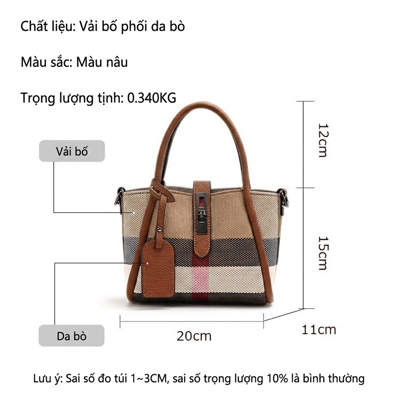 Túi Xách Tay Nữ Vải Canvas Họa Tiết Kẻ Sọc Quai Da Bò Màu Nâu