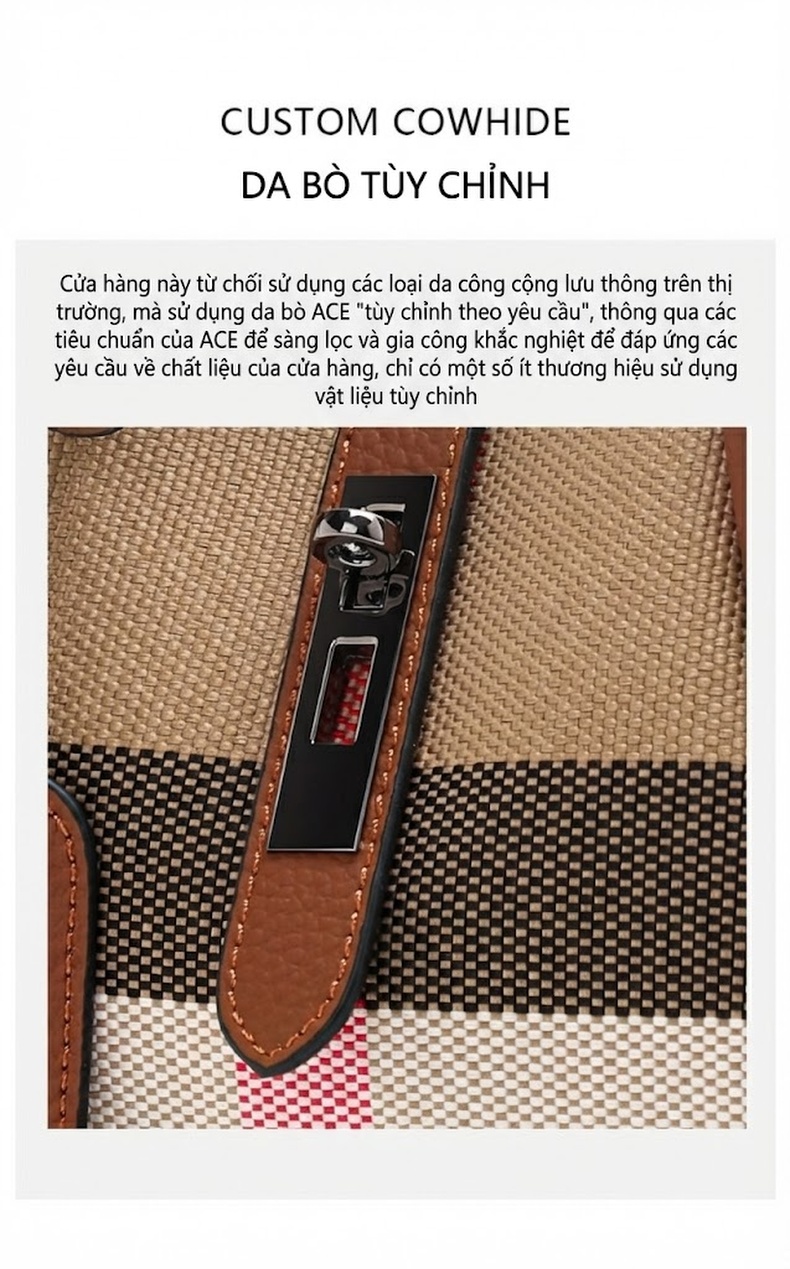 Túi Xách Tay Nữ Vải Canvas Họa Tiết Kẻ Sọc Quai Da Bò Màu Nâu chi tiết 7