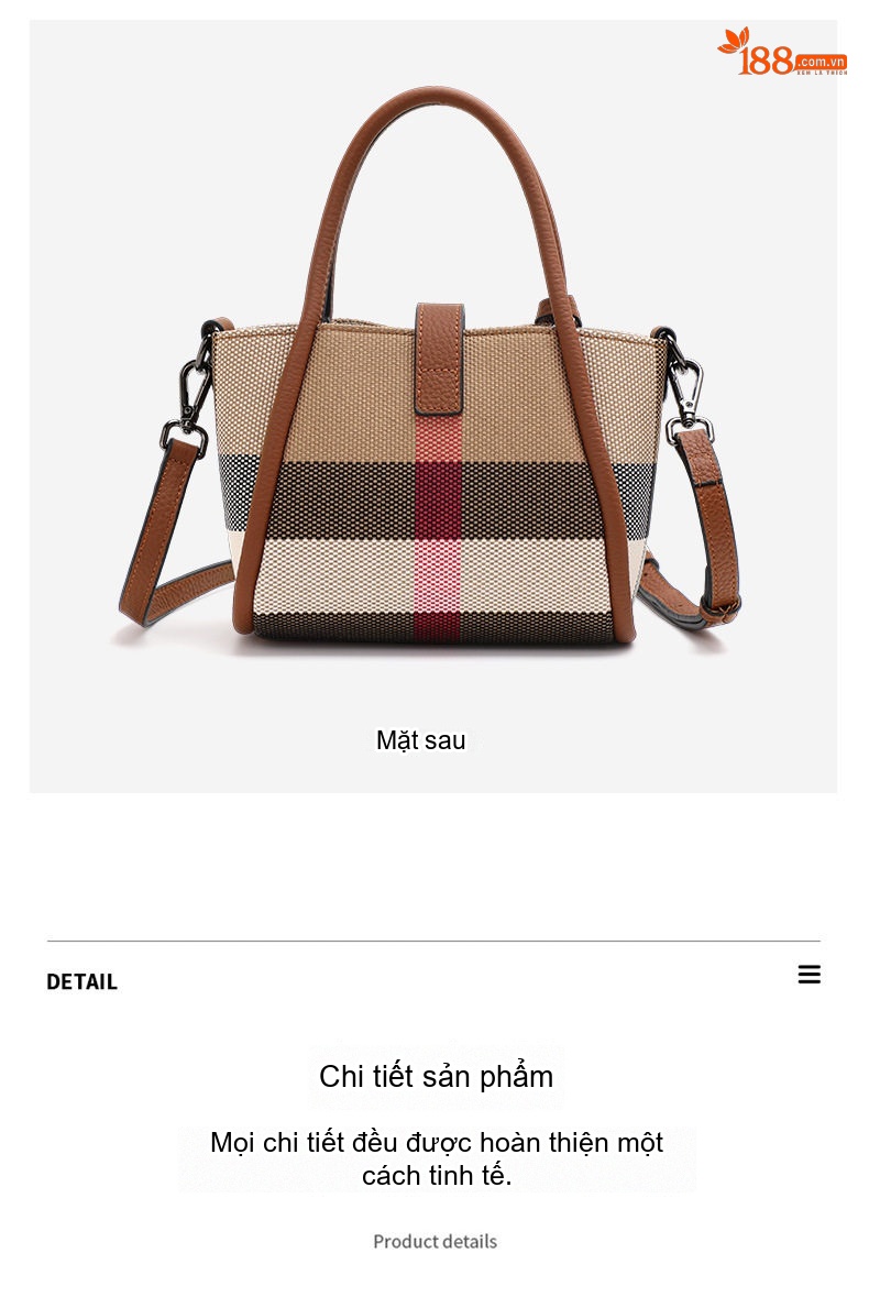 Túi Xách Tay Nữ Vải Canvas Họa Tiết Kẻ Sọc Quai Da Bò Màu Nâu chi tiết 10