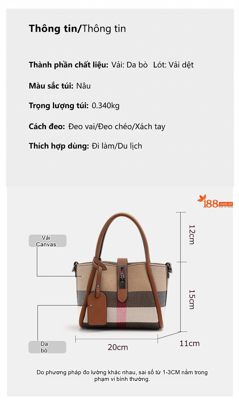 Túi Xách Tay Nữ Vải Canvas Họa Tiết Kẻ Sọc Quai Da Bò Màu Nâu chi tiết 3