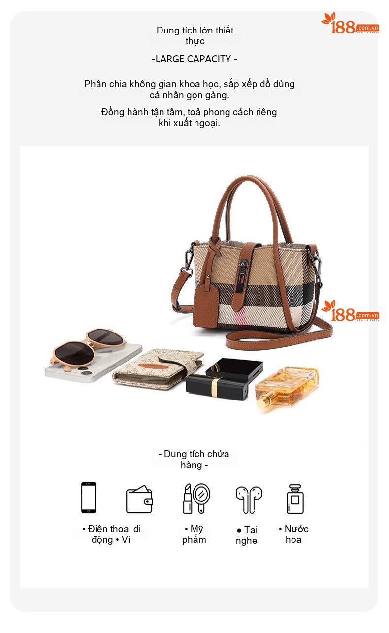Túi Xách Tay Nữ Vải Canvas Họa Tiết Kẻ Sọc Quai Da Bò Màu Nâu chi tiết 6
