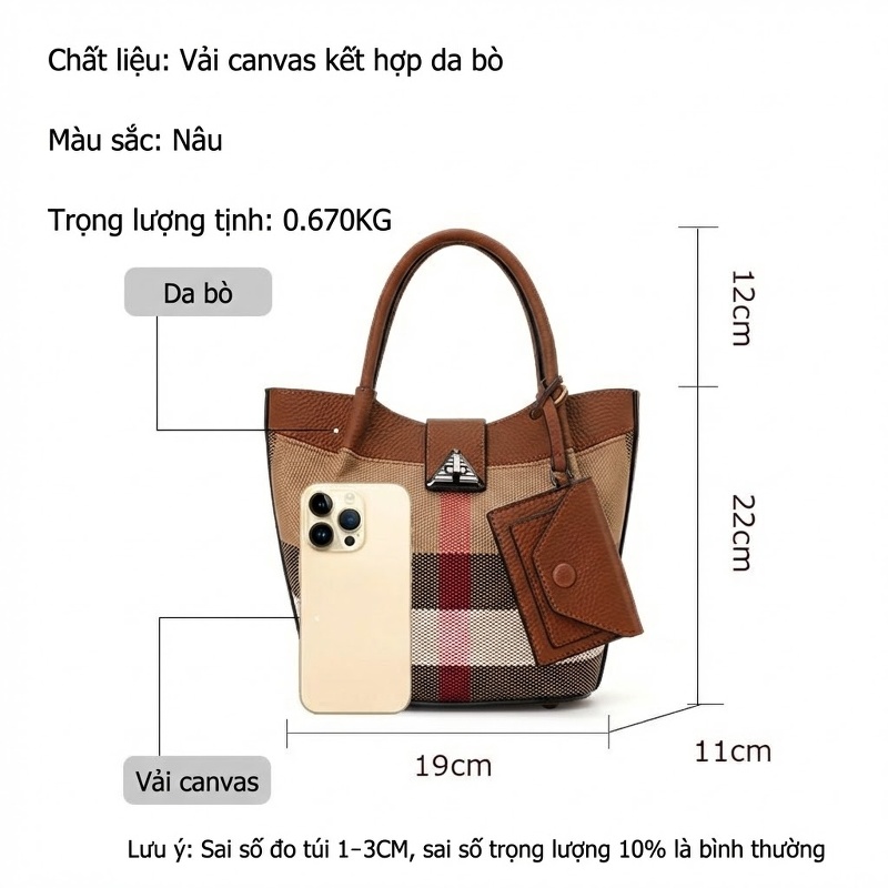 Túi Xách Tay Nữ Vải Canvas Phối Da Bò Dáng Thùng Màu Nâu