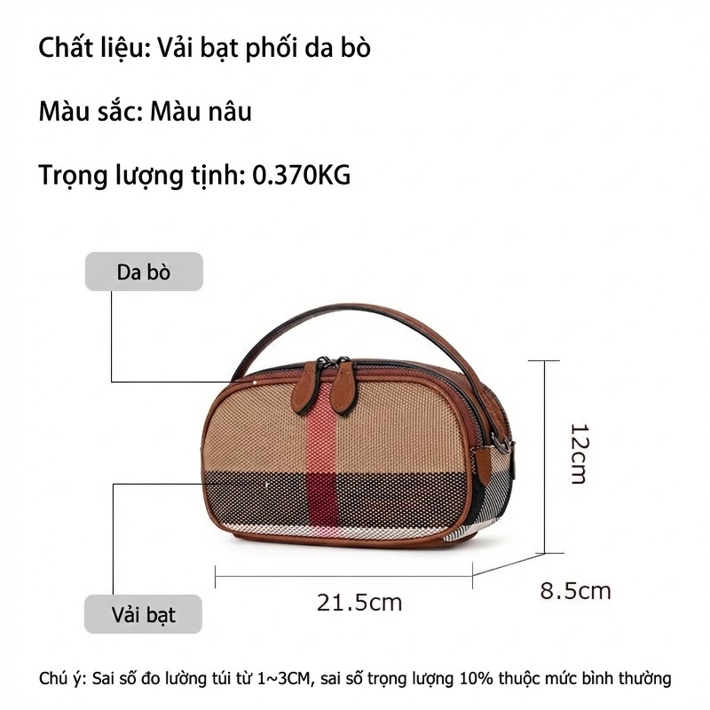 Túi Xách Tay Nữ Vải Canvas Phối Da Bò Đeo Vai Đeo Chéo Thời Trang Màu Nâu