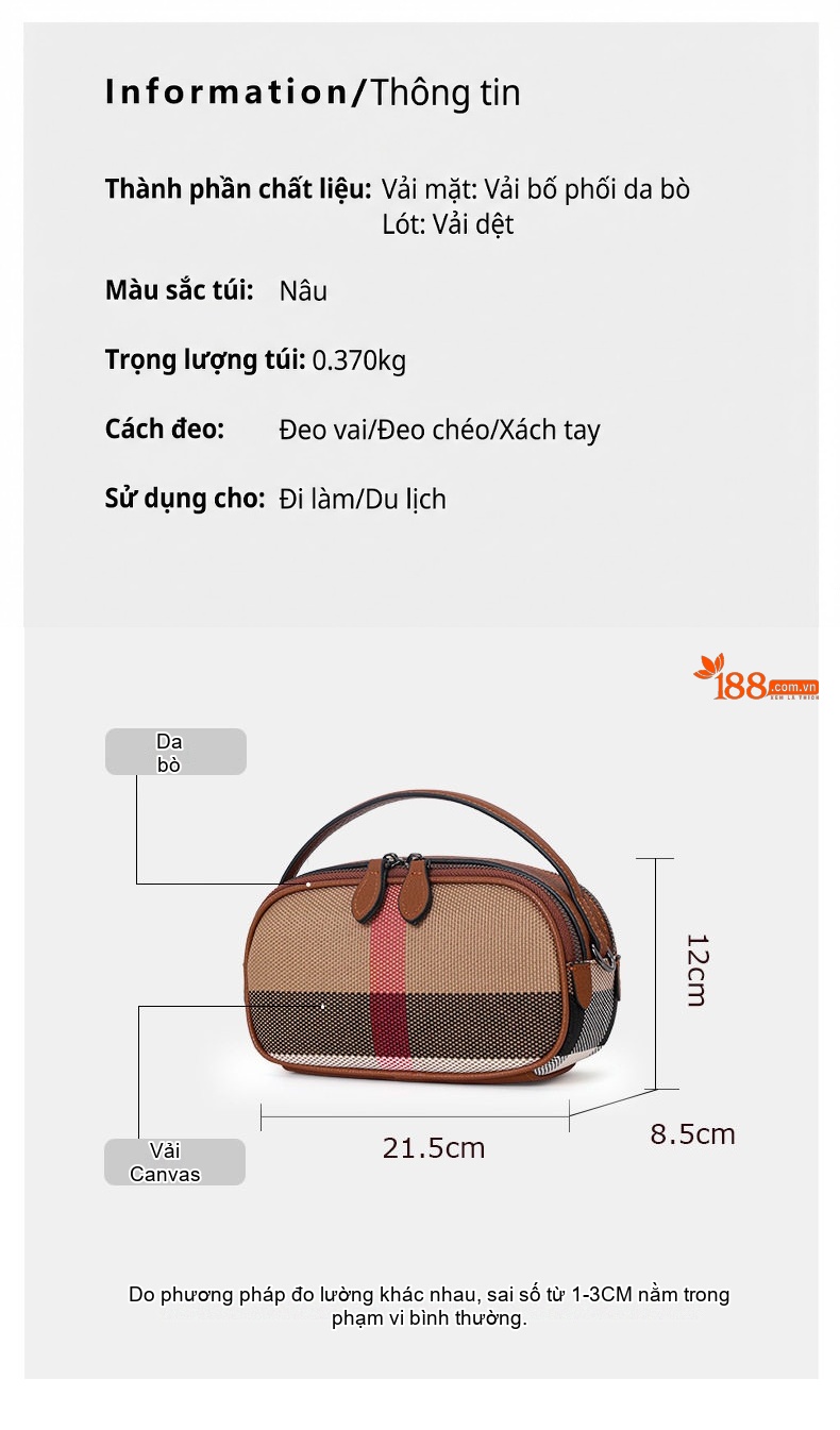 Túi Xách Tay Nữ Vải Canvas Phối Da Bò Đeo Vai Đeo Chéo Thời Trang Màu Nâu chi tiết 3