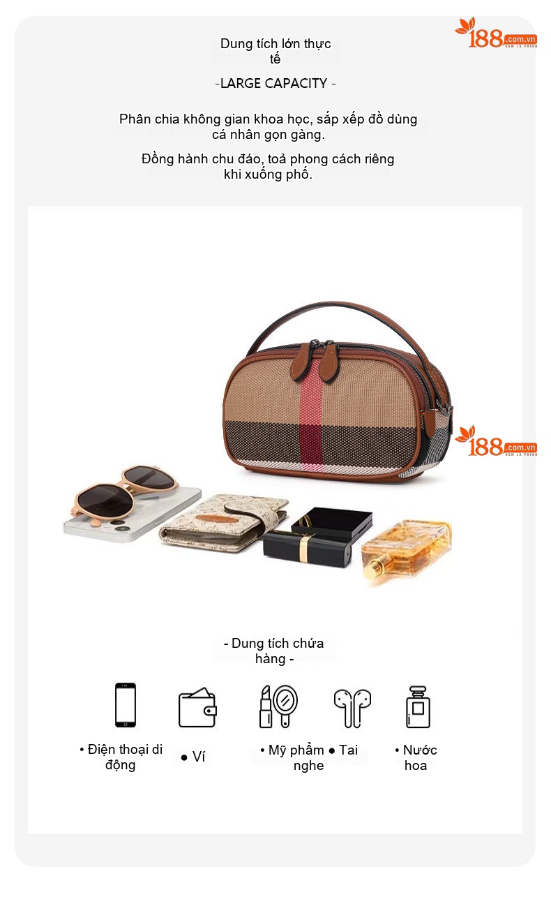 Túi Xách Tay Nữ Vải Canvas Phối Da Bò Đeo Vai Đeo Chéo Thời Trang Màu Nâu chi tiết 6