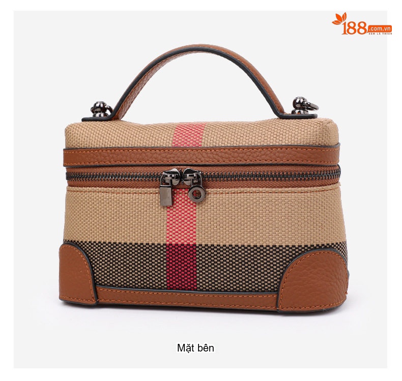 Túi Xách Tay Nữ Vải Canvas Phối Da Bò Đựng Mỹ Phẩm Thời Trang Công Sở Màu Be, Đỏ, Đen, Xanh Lá chi tiết 13