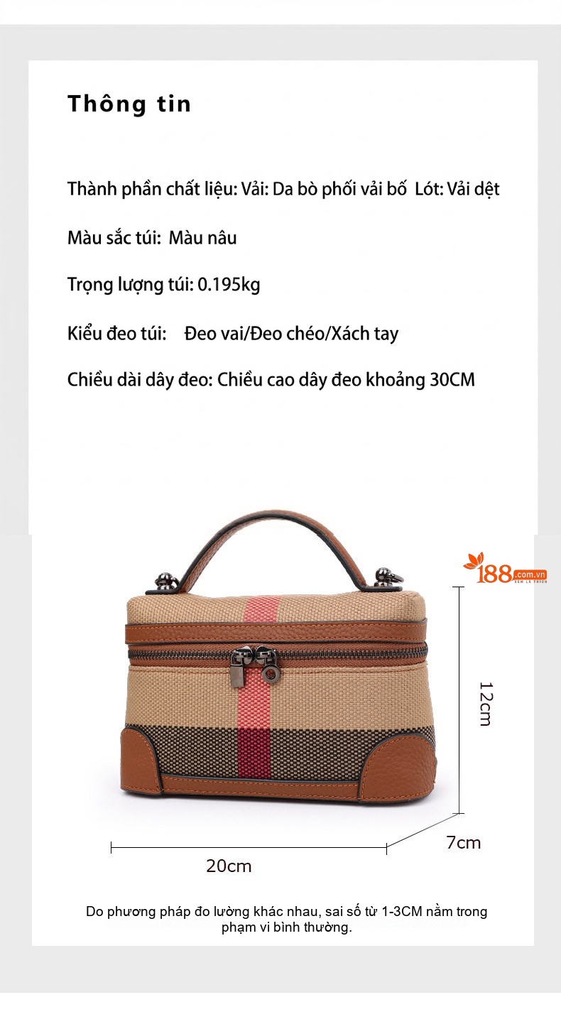 Túi Xách Tay Nữ Vải Canvas Phối Da Bò Đựng Mỹ Phẩm Thời Trang Công Sở Màu Be, Đỏ, Đen, Xanh Lá chi tiết 4