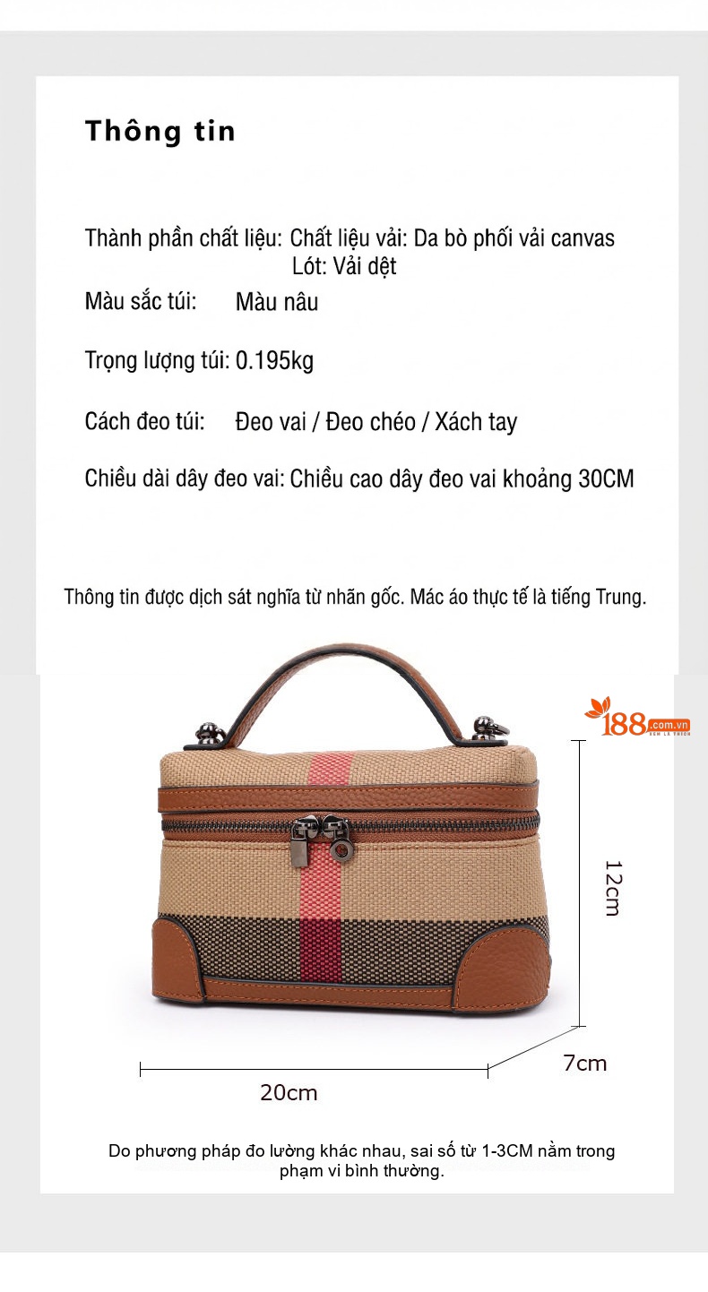 Túi Xách Tay Nữ Vải Canvas Phối Da Bò Đựng Mỹ Phẩm Thời Trang Công Sở Màu Be, Đỏ, Đen, Xanh Lá chi tiết 20