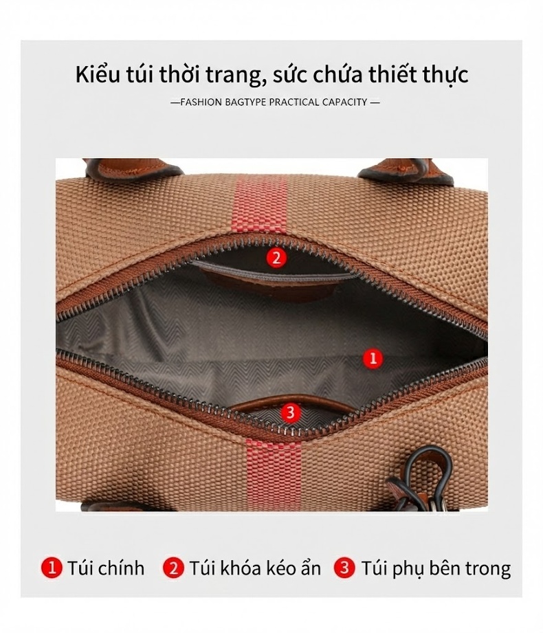 Túi Xách Tay Nữ Vải Canvas Phối Da Bò Họa Tiết Kẻ Ô Màu Nâu chi tiết 5