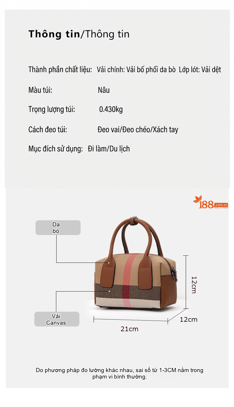 Túi Xách Tay Nữ Vải Canvas Phối Da Bò Họa Tiết Kẻ Ô Màu Nâu chi tiết 3