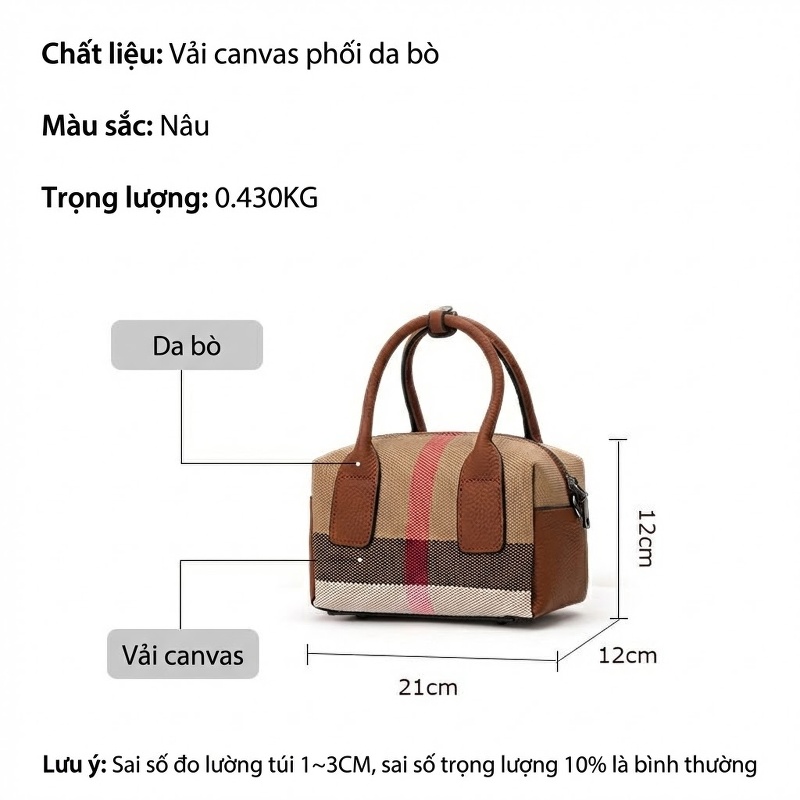 Túi Xách Tay Nữ Vải Canvas Phối Da Bò Họa Tiết Kẻ Ô Màu Nâu
